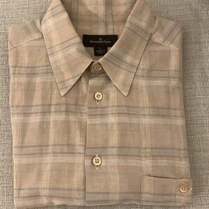 Ermenegildo Zegna Men’s Short Sleeve Button Up Cotton Plaid Tan Size Large